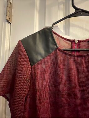 Banana Republic Grid Print Top with Faux Leather Shoulder Accents & Back Zip